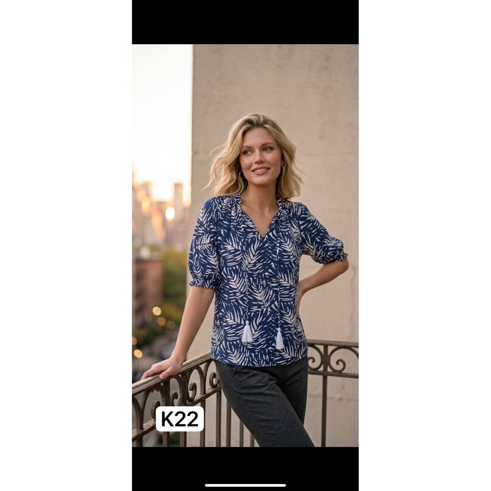 NWT The Home Holiday Blue White Leaf Print Carol Ruffle Blouse Top Size S